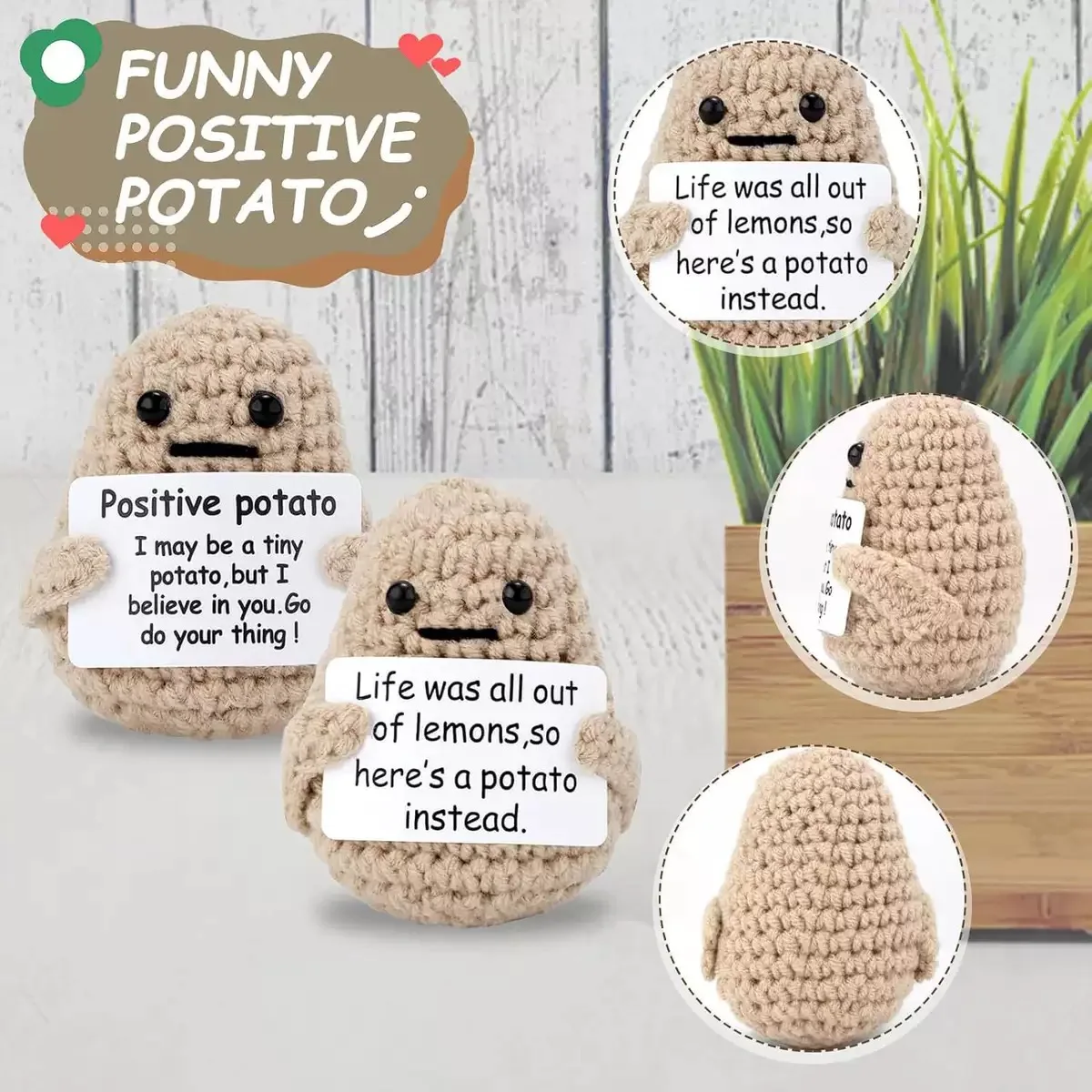 New Positive Energy Potato Hug Pocket Mini Handmade Plush Wool Knitting Doll with Card Funny Christams Gift Home Room Decoration