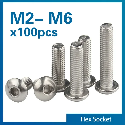 100 unids/lote M2 M2.5 M3 M4 M5 304 tornillos de cabeza de botón hexagonal de acero inoxidable pernos de tornillo de cabeza plana redonda