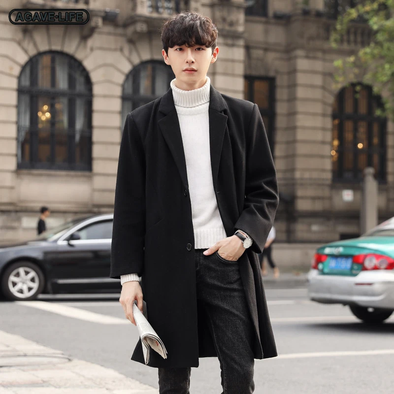 

New Winter Woolen Coat Men's Mid-length Woolen Windbreaker Men Over-the-Knee Woolen Jacket Cashmere Trench Handsome Men Clothing