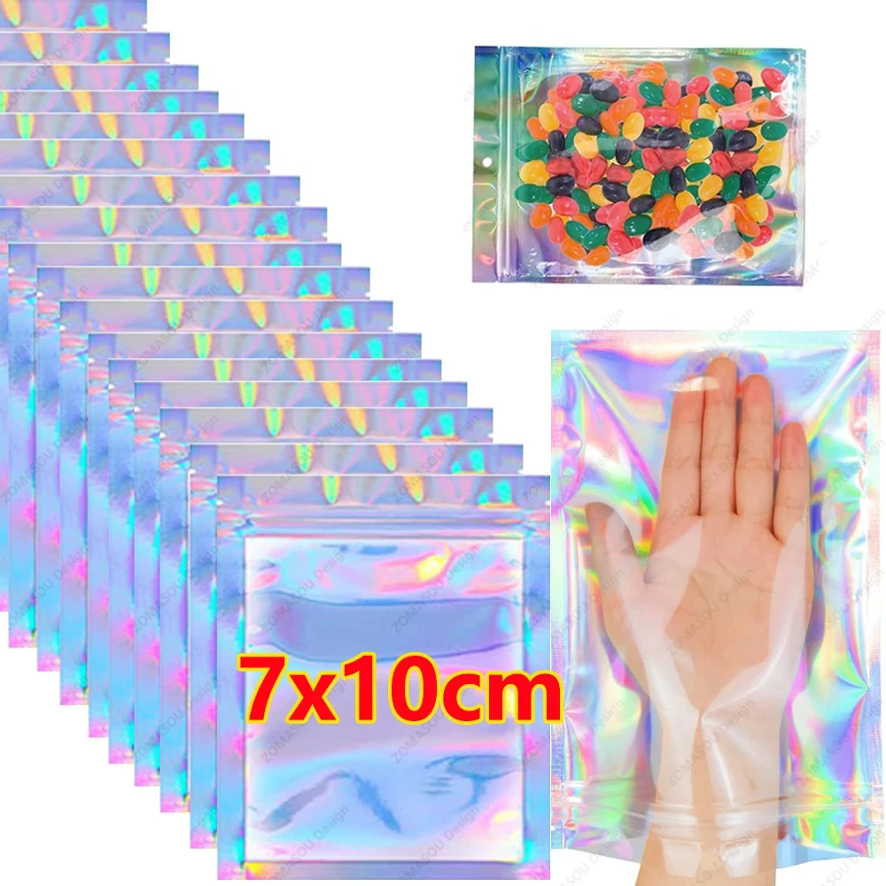 10-300PCS Laser Versiegelung Taschen Kunststoff Holographische Süßigkeiten Lebensmittel Beutel Wiederverschließbare Halskette Schmuck Geschenk Verpackung Küche Lagerung Tasche