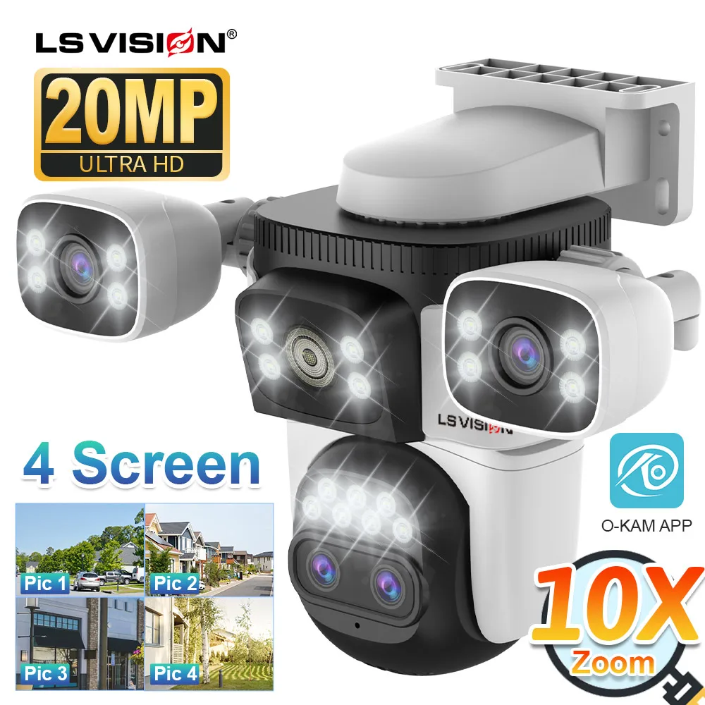 LS VISION 10K Four Screens WiFi IP Camera 10X Zoom Outdoor 20MP Four Lens PTZ Human Two Way Audio Auto Tracking Security Cameras