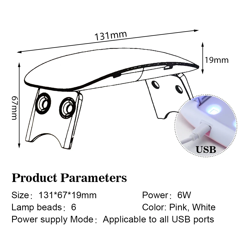 미니 UV Led 네일 건조기, 램프 기계, 휴대용 매니큐어, 가정용 네일 라이트, 6W, 손톱 건조, 광택, USB 케이블
