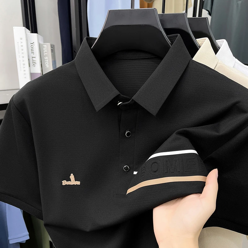 Fashion brand short sleeve polo shirt men's high-end new personality letter embossed summer business casual breathable T-shirt