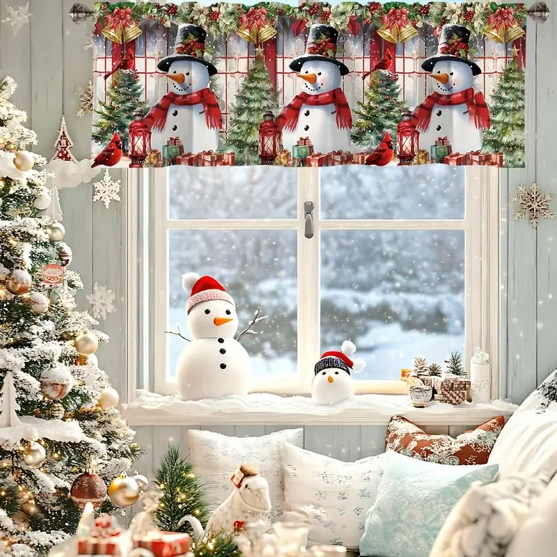 VIKAMA Christmas Window Valance Snowman Cardinal Red Lantern Print Kitchen Curtain Top Festive Holiday Winter Cozy Decor