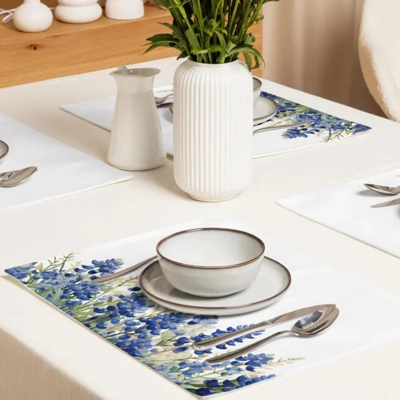 VIKAMA Blue Floral Placemat Set - Dining Table Mat Collection - Kitchen Accessories - Blue Floral Design - Waterproof - Elegant