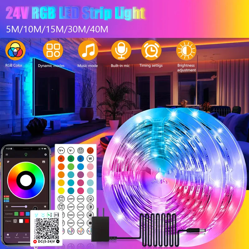 40 متر/131Ft Led قطاع أضواء APP 44 مفاتيح الموسيقى مزامنة التحكم عن بعد DC24V RGB شريط مرن لغرفة الديكور إضاءة خلفية للتلفاز ديود
