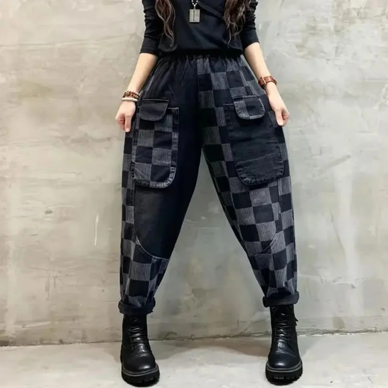 5XL Jeans 2024 Spring/Summer Fashion Printed Jeans Retro Washed Harem Pants Autumn Denim Pant Women Jeans Elastic Waist Trousers