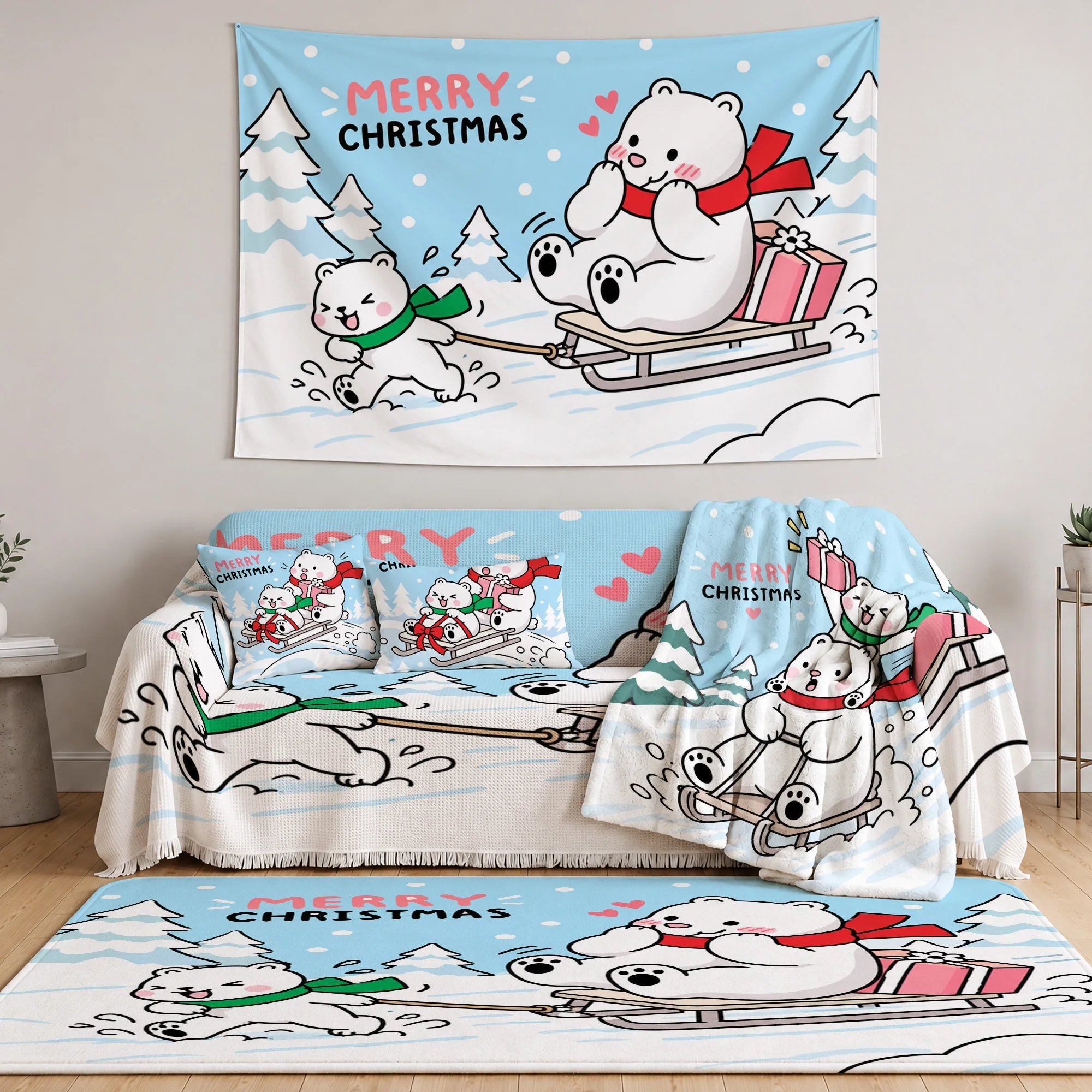 Merry Christmas Bear Sleigh Decor Pillow Cover Blanket Throw Sofa Dust Rugs Wall Hanging