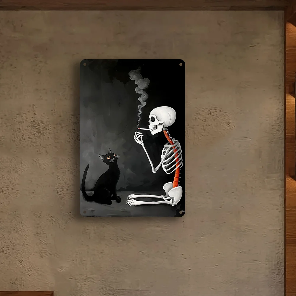 Arte de pared de Metal con calaveras y gatos, hierro, Vintage, blanco y negro, decorativo, con agujeros para fácil colgar, adecuado para el hogar y la Oficina, 1 ud.