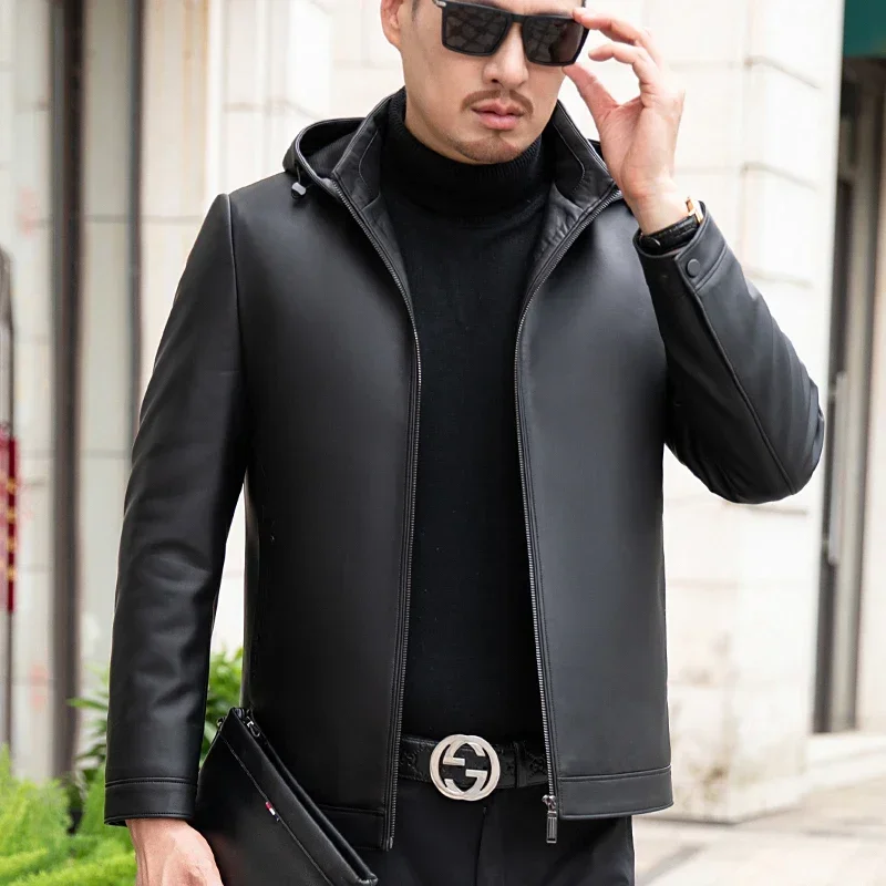 ZDT-8016 Winter New Men's Genuine Leather Down Coat With White Duck Down Fill Hat Detachable Casual Business Thickened Coat