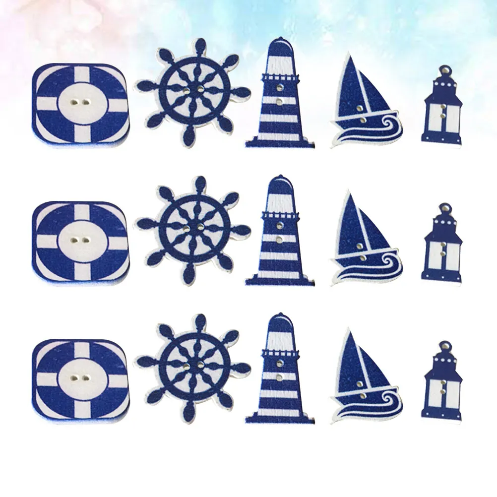 

50pcs Wooden Nautical Theme Buttons Diy Clothes Button Set Sailboat Life Buoy Lighthouse Rudder Design For Sewing Craft