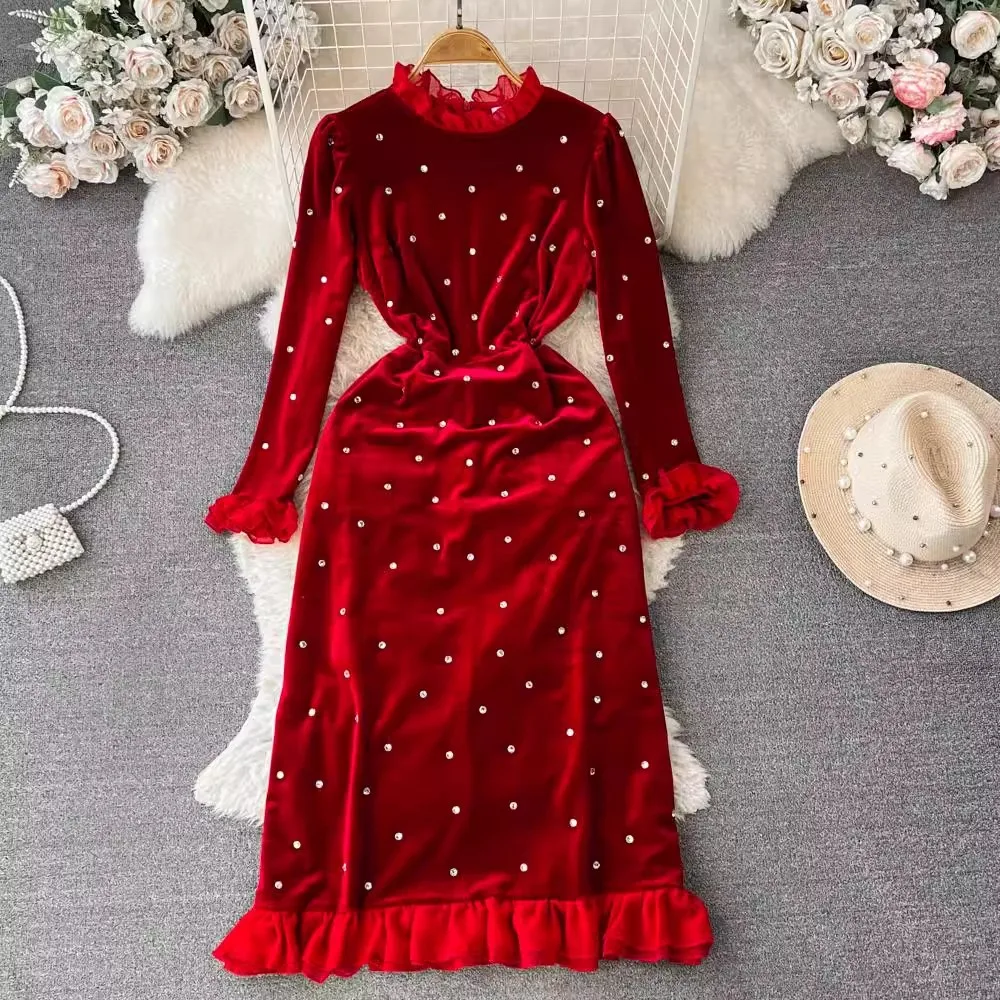 

Luxury Women Autumn Winter Velvet Ruffled Neck Beading Butterfly Sleeve Belt Fashion Temperment Party Evening Dresses