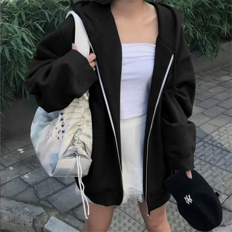 New Women Oversize Solid Colors Casual Sweatshirt Spring Autumn Hoodie with Zipper Pocket Loose Sport Outwears Chic Streetwears