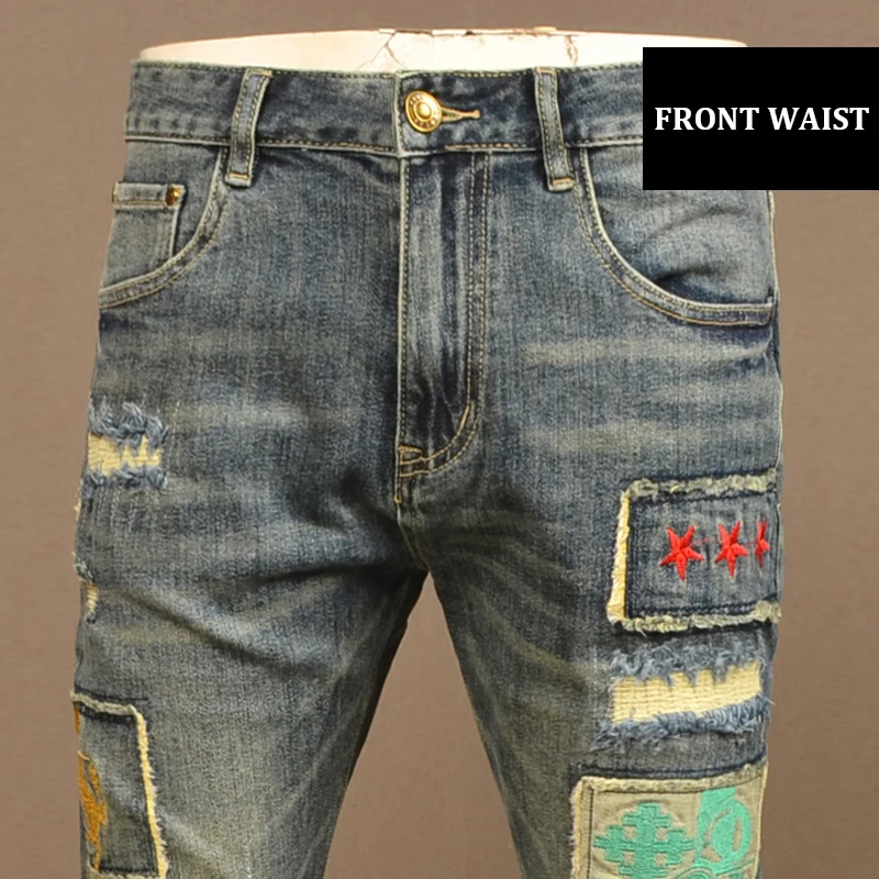 Street Fashion Men Jeans Retro Washed Blue Stretch Slim Fit Ripped Jeans Men Embroidery Patched Designer Hip Hop Denim Pants