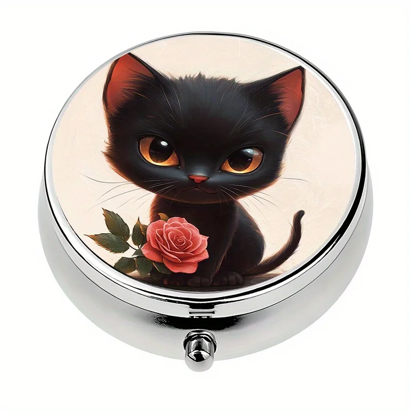 1 cute black kitten rose-themed box with 3 compartments, storage box, decorative vitamin storage bag or wallet, flat print