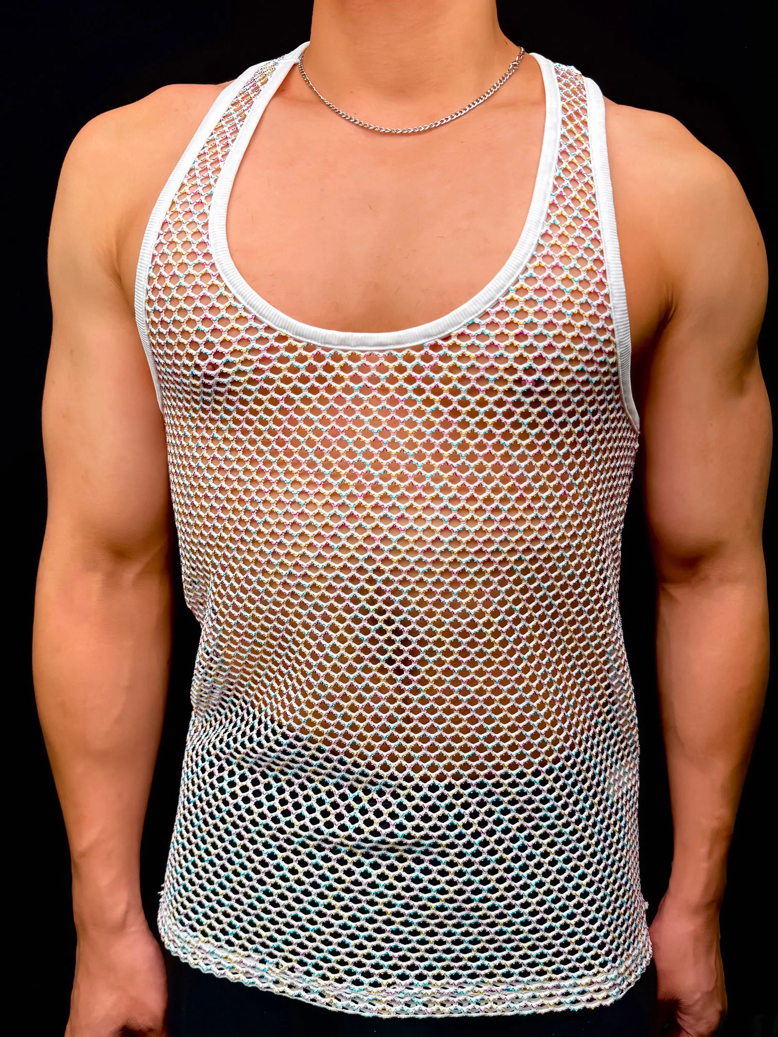 Sommer Herren Casual Mesh Netz Tanktop Racerback Ärmelloses Shirt Muskel-Sportweste Bunte Linien Glänzend Transparent Party Alltagskleidung – Detail 17