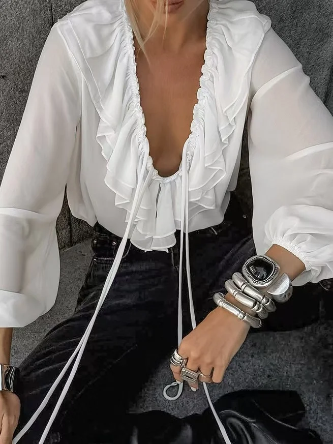 Faionable V-Ne Long Sve irt Loose Lotus Le Diseño con cordones Linterna Sve Casual Commute Sle Ropa de temporada de verano