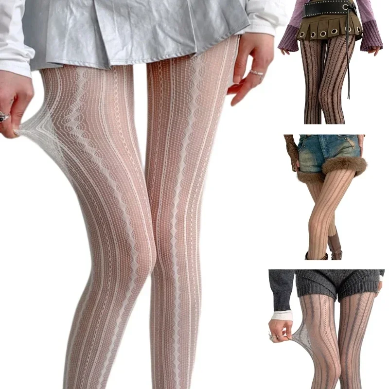 Vintage Fishnet Lace Pattern Tights Stockings Women Hollowed Rhombus Striped Geometric Jacquard Pantyhose Leggings