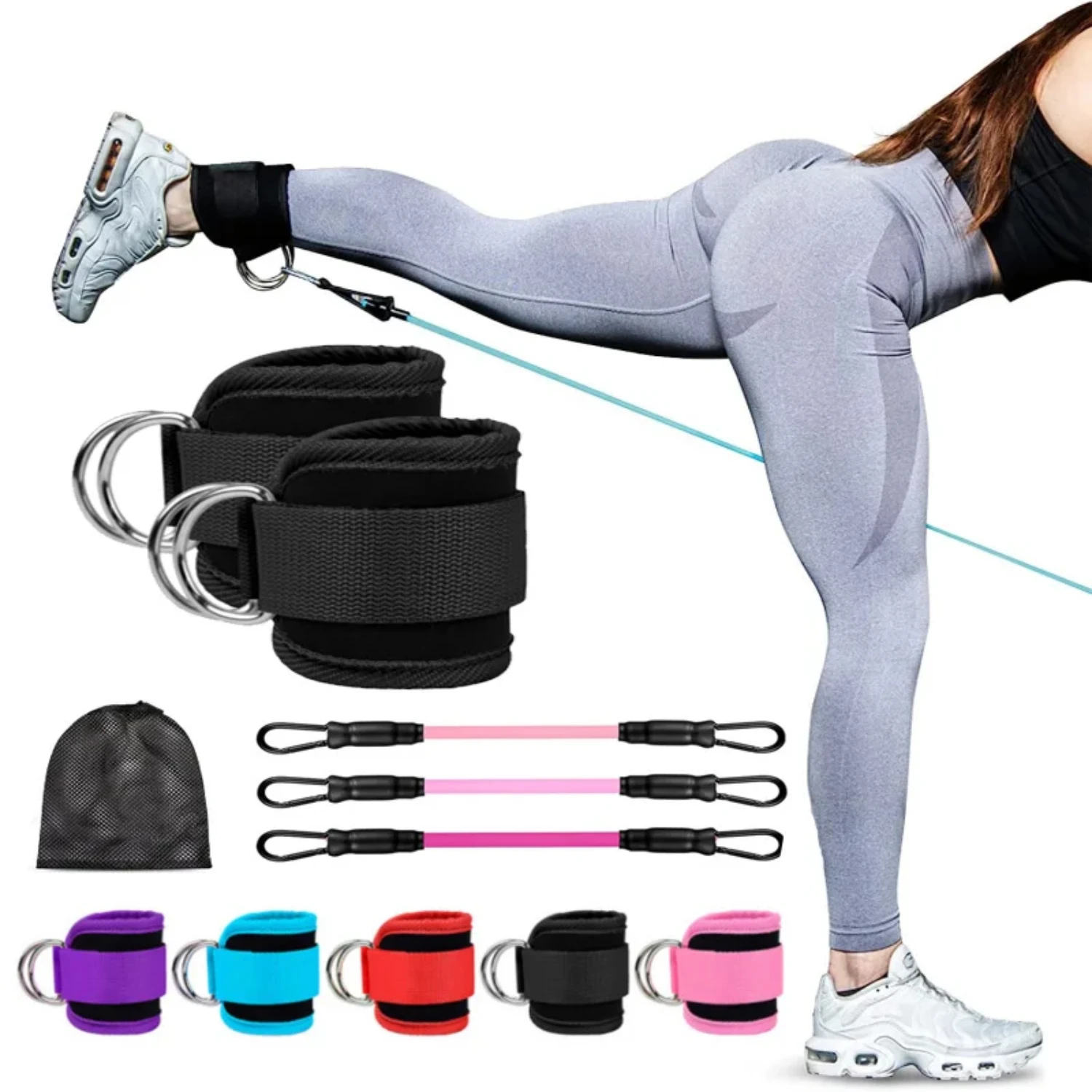 

Ankle Straps Resistance Bands Set D-Ring Support Cuffs Gym Leg Strength Fitness Yoga Elastic Bands Booty Circle Thigh Squat