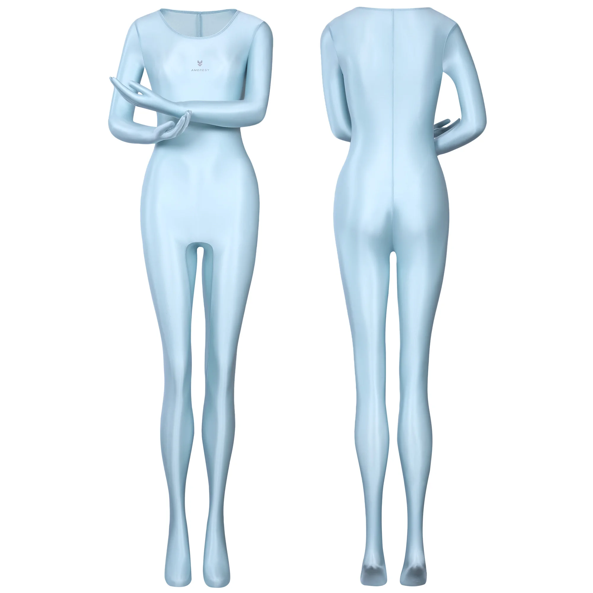 AMORESY dünner, glänzender, ölig glatter, farbenfroher Ganzkörper-Jumpsuit, einfarbig, Rundhalsausschnitt mit Handschuhen, lange Ärmel, Strumpfhose – Detail 10