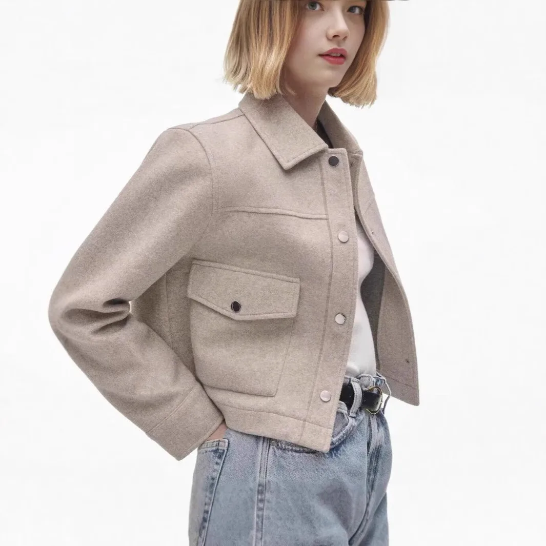 Khaki Fleece Jacket Women Cargo Pocket Short Woolen Blend Coat Elegant Lapel Cropped Outerwear Chic Shacket Blusas Autumn