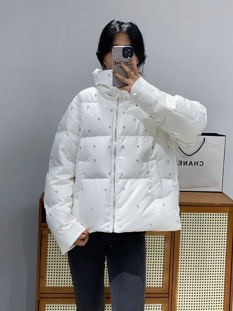 Winter Clothes White Thickened Short Diamond Puffer Coat Office Ladies 2023 New Warm Long Sleeve White Down Jacket for Women