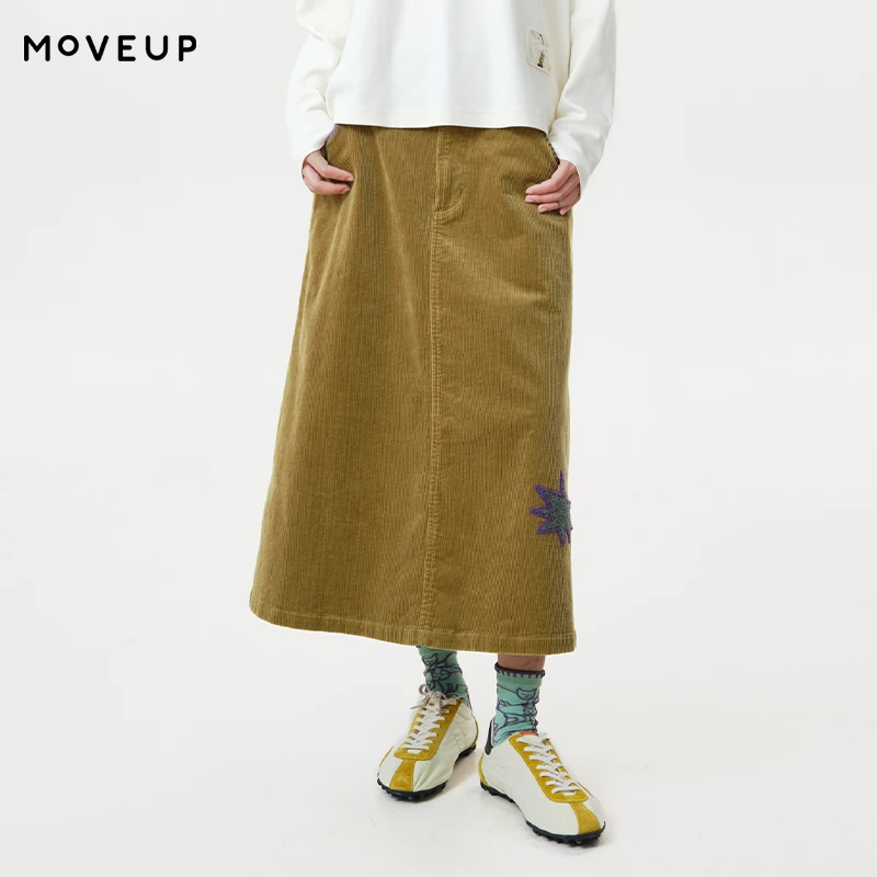 MOVEUP Cotton Corduroy Skirts 2026 Autumn Star Embroidery  Back Elastic Waist Skirts Slant Pocket Casual Midi Skirt 3ELQ20606