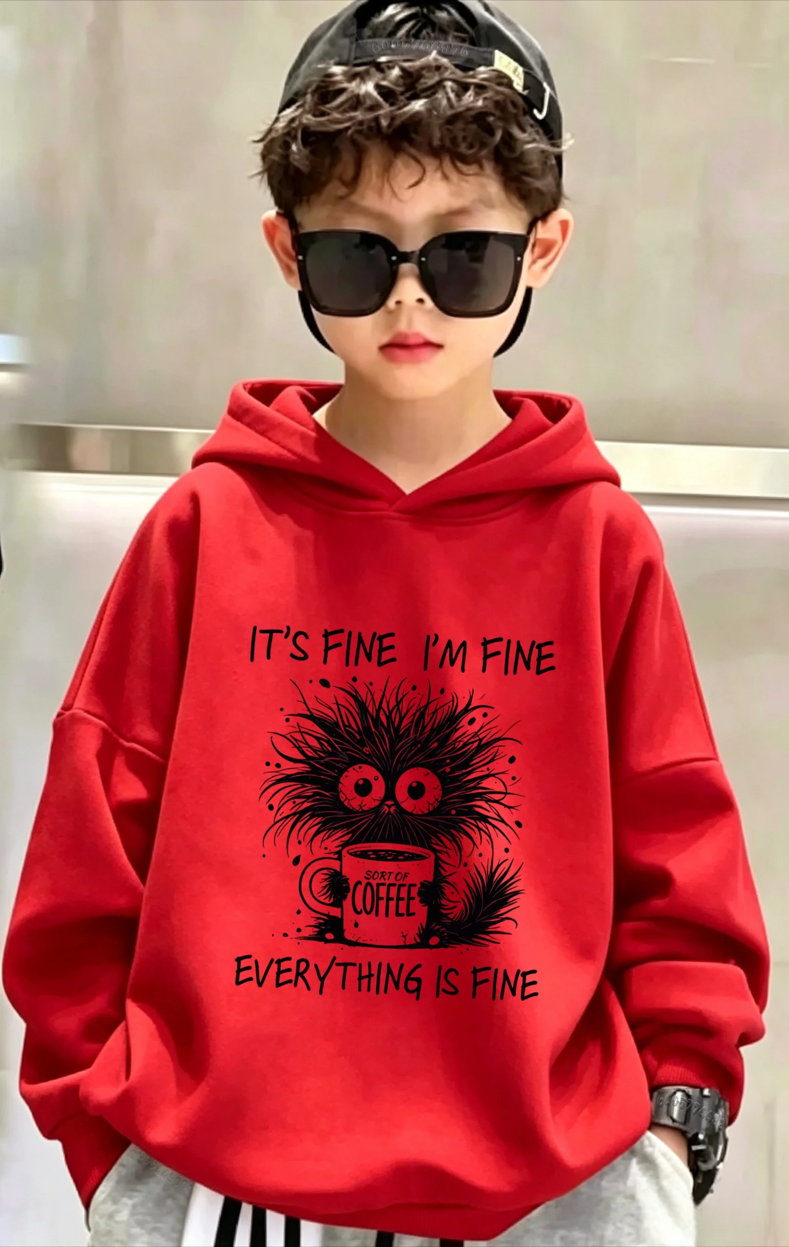 Latest children's hooded sweatshirt.I'm fine,I'm fine too.Funny plush monster coffee pattern printed casual hooded sports shirt.