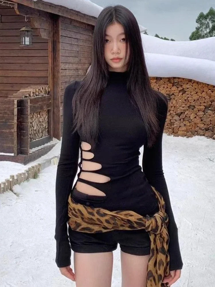 

Осенняя уличная черная футболка с высоким воротником, повседневные облегающие укороченные топы в стиле гранж, женские сексуальные эстетические базовые футболки Y2k