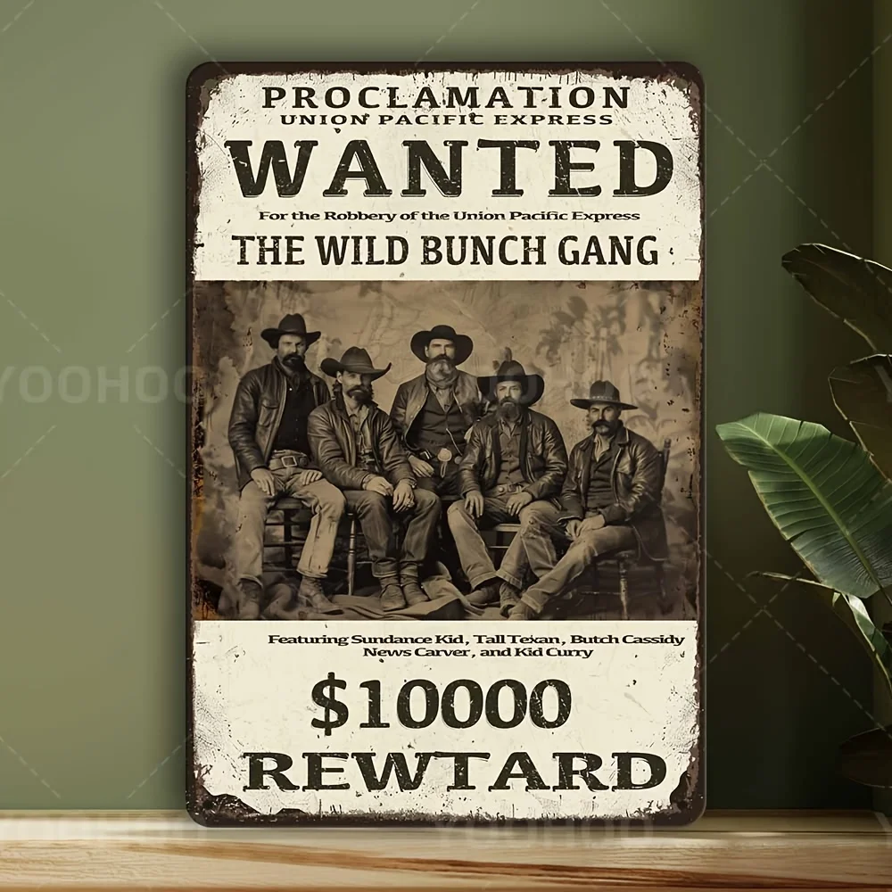 Wild West Wanted Poster Metal Sign, - Rustic Cowboy Gangster Theme Wall Decor with $10,000 Reward for Home, Office, Bar, or Man