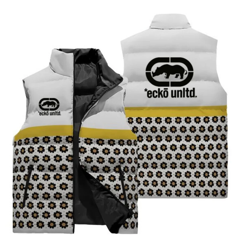 Men Warm Sleeveless Puffer Vest Ecko Unltd Rhino Logo White‑Blue Leopard Patchwork Stand Collar Zipper Pocket Streetwear Hip‑Hop