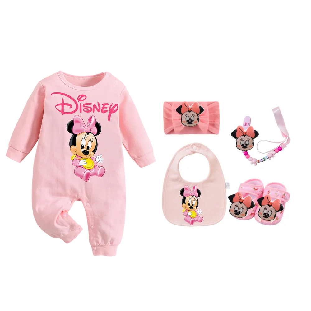 

Baby and newborn crawling jumpsuit Minnie Baby Baby bib + hair band + baby chain clip + shoes Baby casual tight-fitting clothing