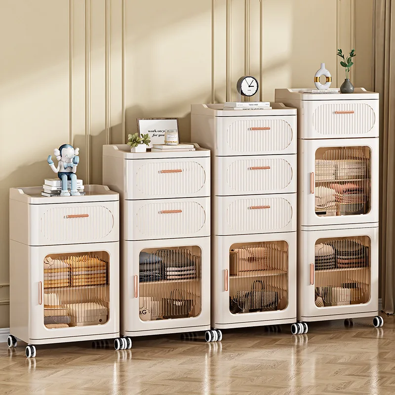 ‌Japanese Stackable Plastic Drawer Cabinet - Slim Space Saving Storage for Living Room Bedroom, Modular Organizer with Wheels