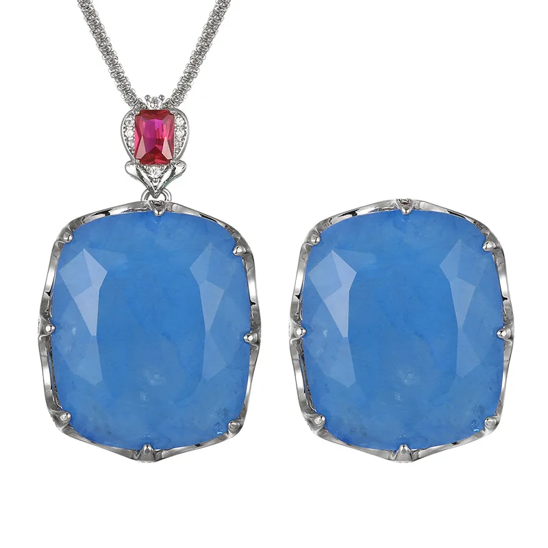 Large Cushion Cut Blue Stone Necklace Adjustable Ring Red Accent Statement Jewelry for Women Big Blue Gem Cocktail Party Gift view 6