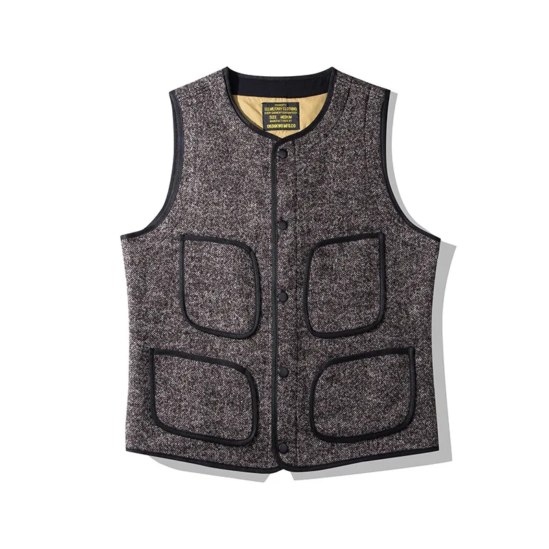 AMEKAJI Brown's Beach Retro Pepper Salt Coarse Knit Round Ne Multi Ket Vest American Casual Faion Urban Sle Autumn Vest