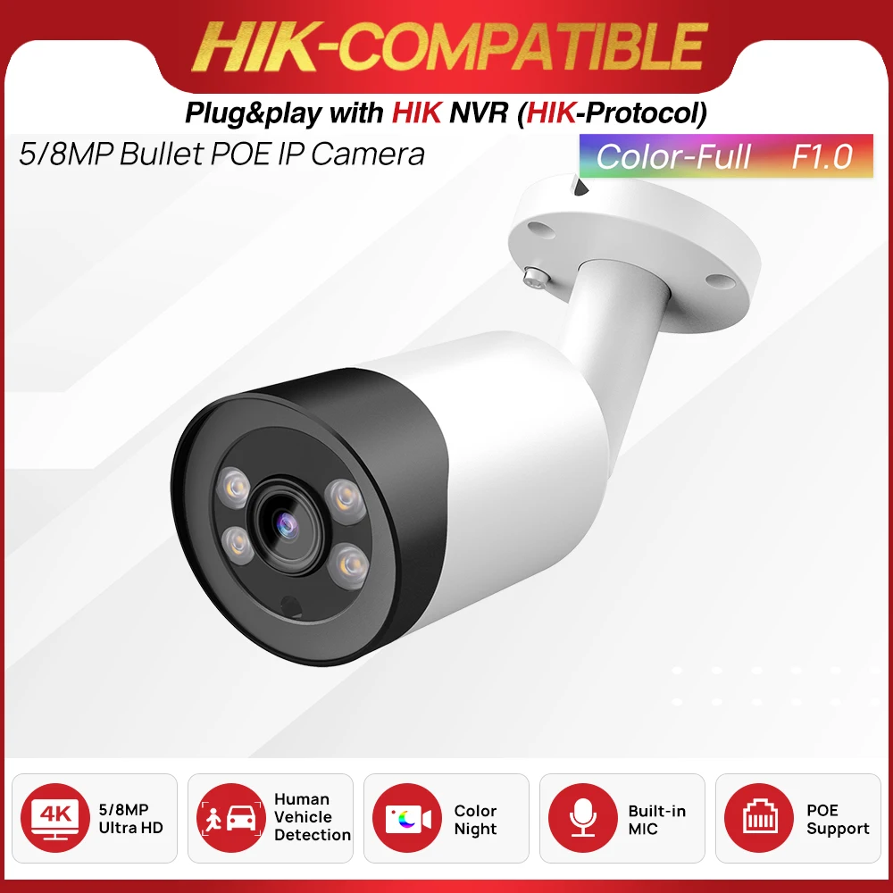 Hikvision Compatible 4K COLOR NIGHT CAMERA 8MP Full Color ColorVu Bullet IP Camera Colorful 5MP Security CCTV PoE Build in Mic