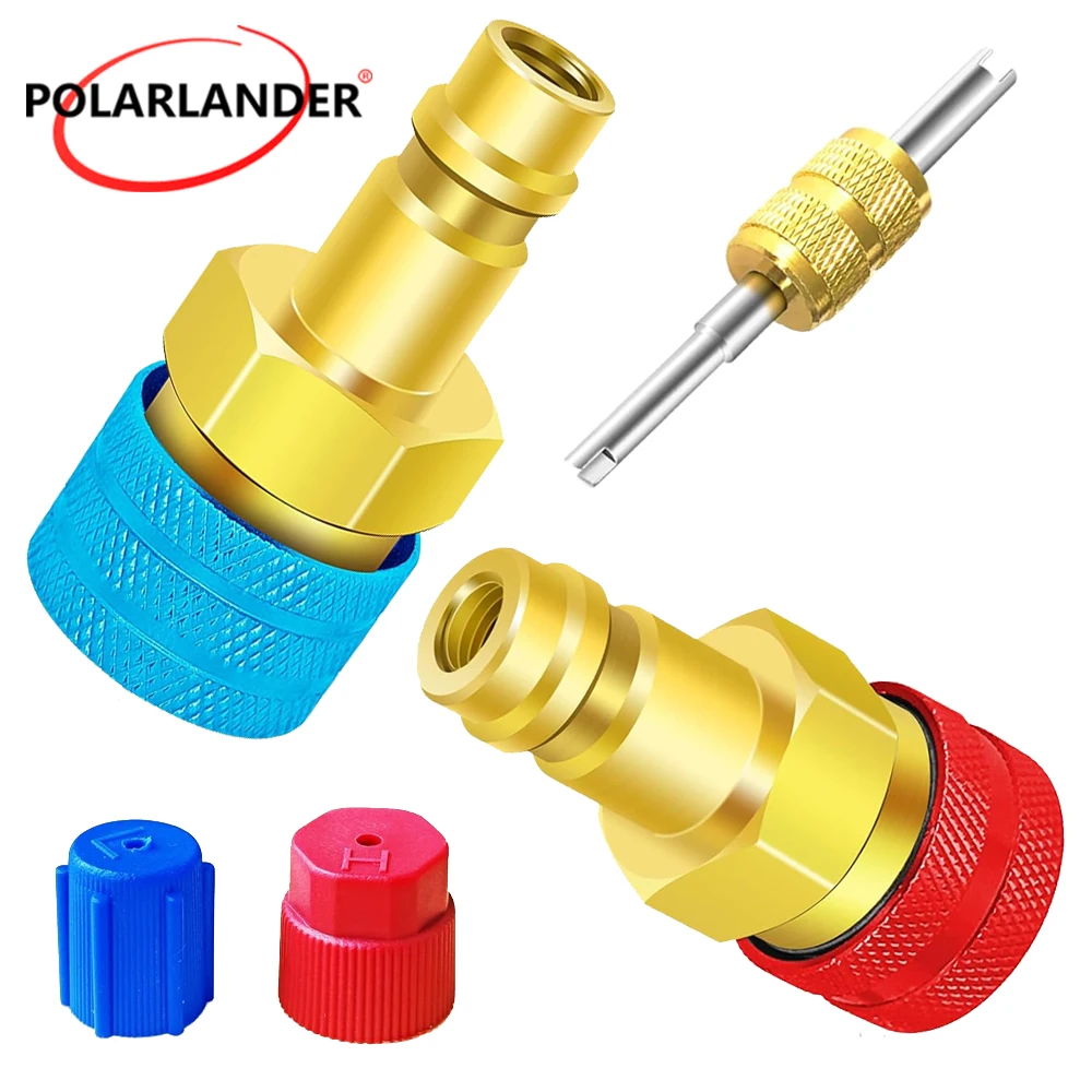 Brass R1234yf to R134a Quick Coupler Adapters Set, High/Low Side AC Converters with O-Ring Seal, Includes Valve Core Remover