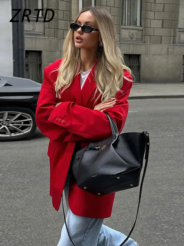 Casual Red Oversize Jacket Women Loose Lapel Long Sleeve Single Breasted Pockets Coat 2024 Autumn Lady High Street Outerwear