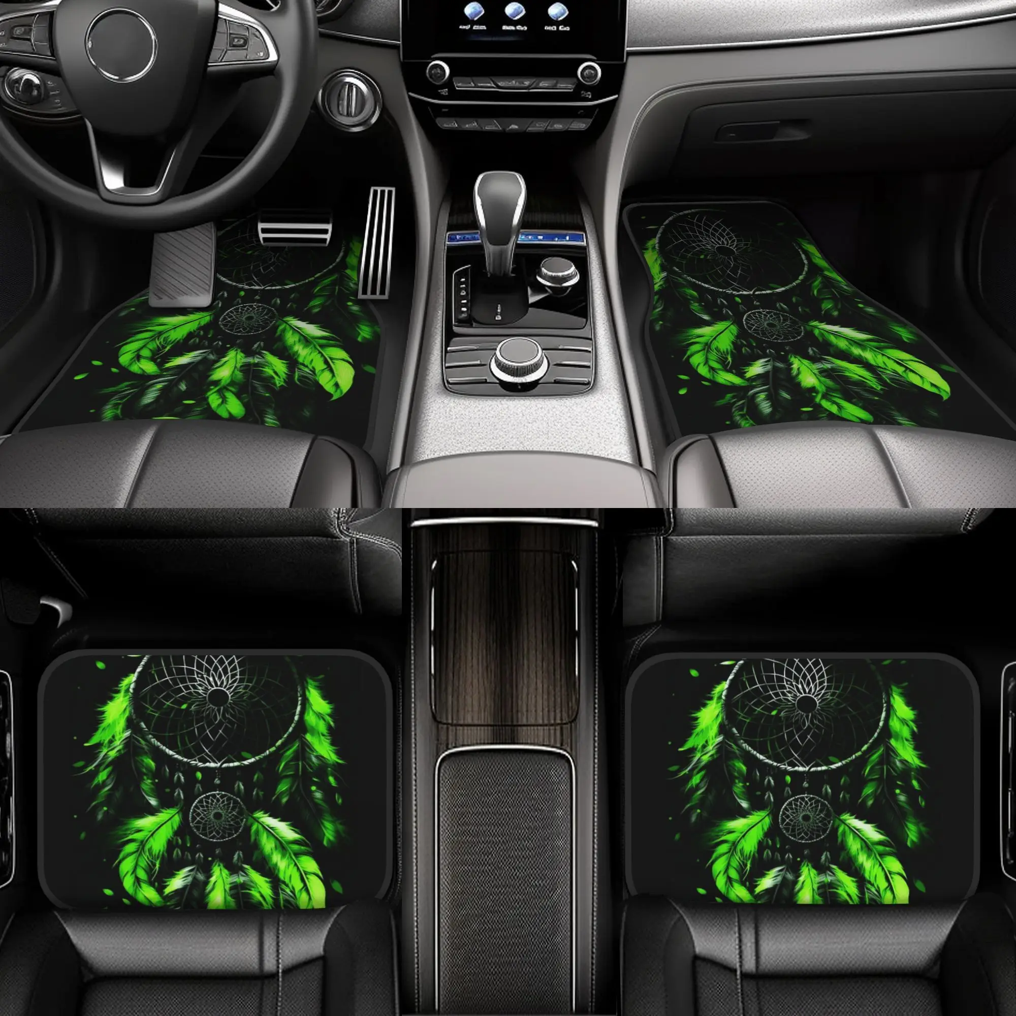 Set Of 4 Green Patterned Car Floor Mats - Fashionable And Long-Lasting, Easy To Clean, Suitable For All Vehicles, For Both Front