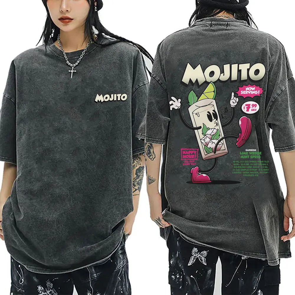 

Mojito Cocktail Funny Meme Washed Vintage T-shirt Men Women Cartoon Humor Harajuku T Shirts Man Casual Vintage Oversized Tshirt