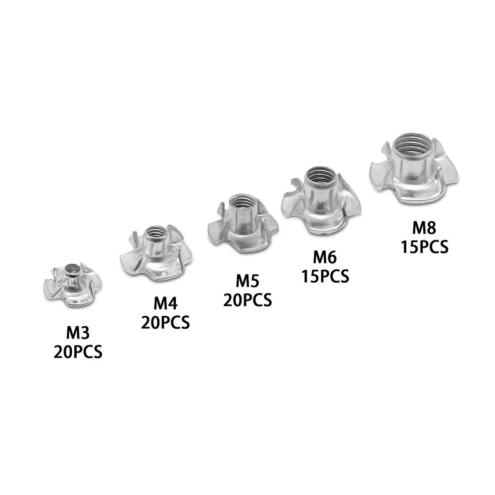 90PCS M3 M4 M5 M6 M8 Zinc Plated Four Claws Nut Blind Inserts Nut for Wood Furniture Speaker T-nut Blind Pronged Insert Tee Nut