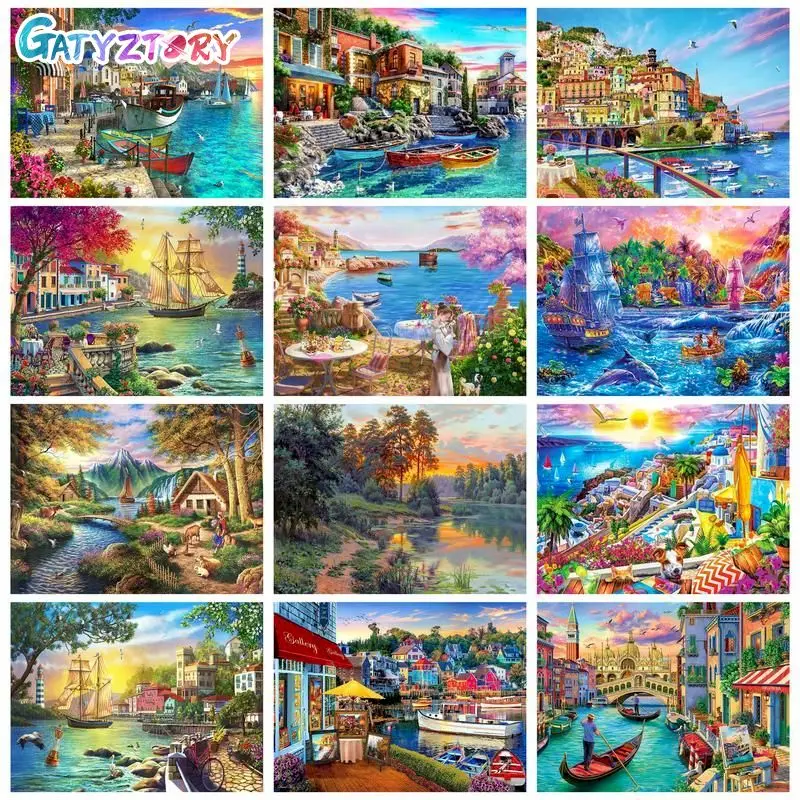 

GATYZTORY Full Round Diamond Painting DIY Crafts Cross Stitch Kits Beach Landscape Mosaic Diamond Art Home Decoration Gift