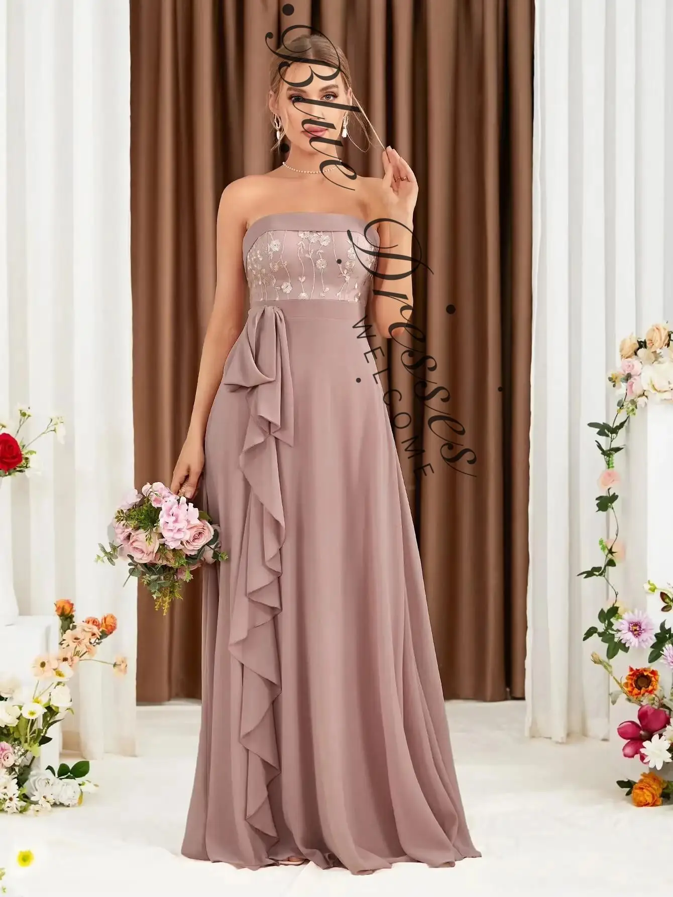 

customized ong dress with front ruffle trim, soft and elegant, showing gentle graceful charm