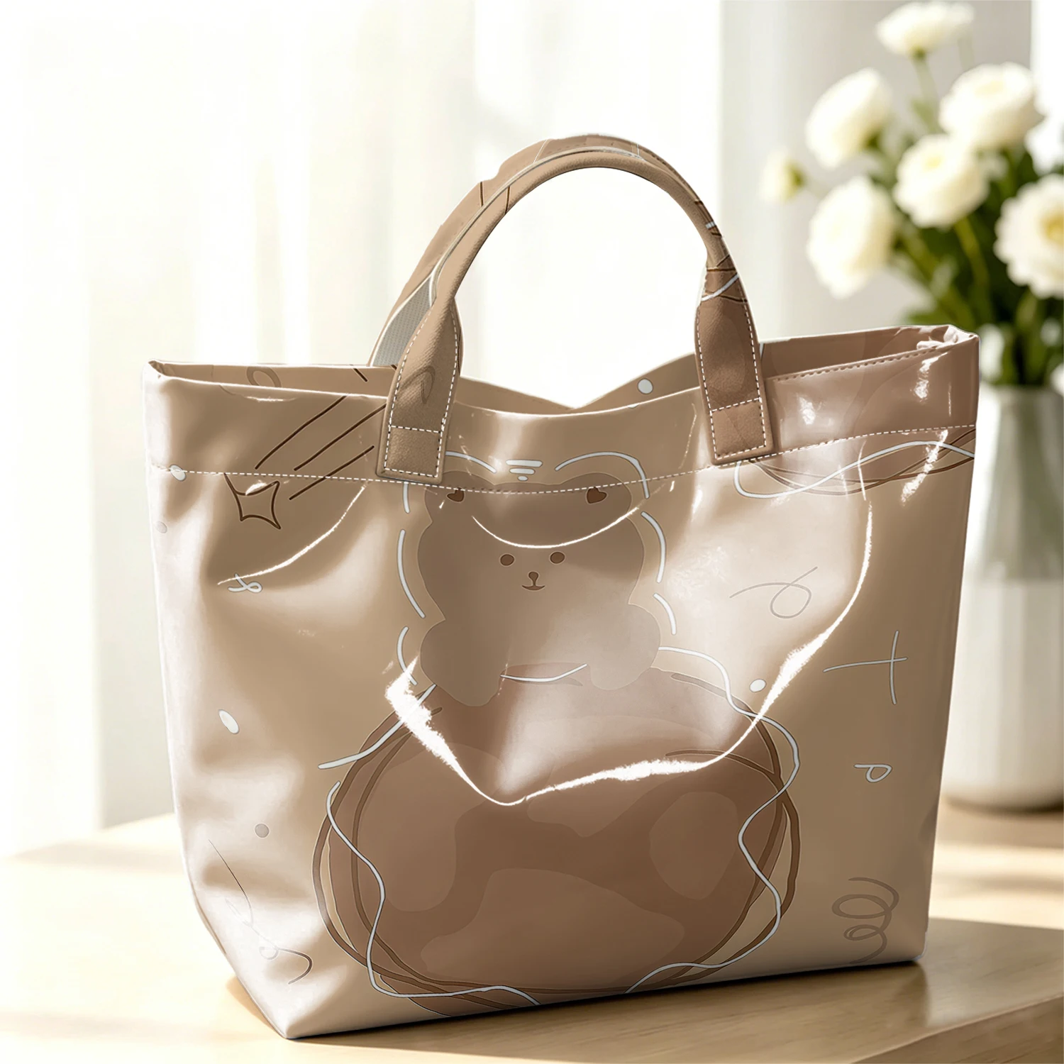 Cosmic Bear Fashion Large Glossy PVC Tote Bag Hand Washable Waterproof Perfect Travel Commute Cosmetic Storage Shopper
