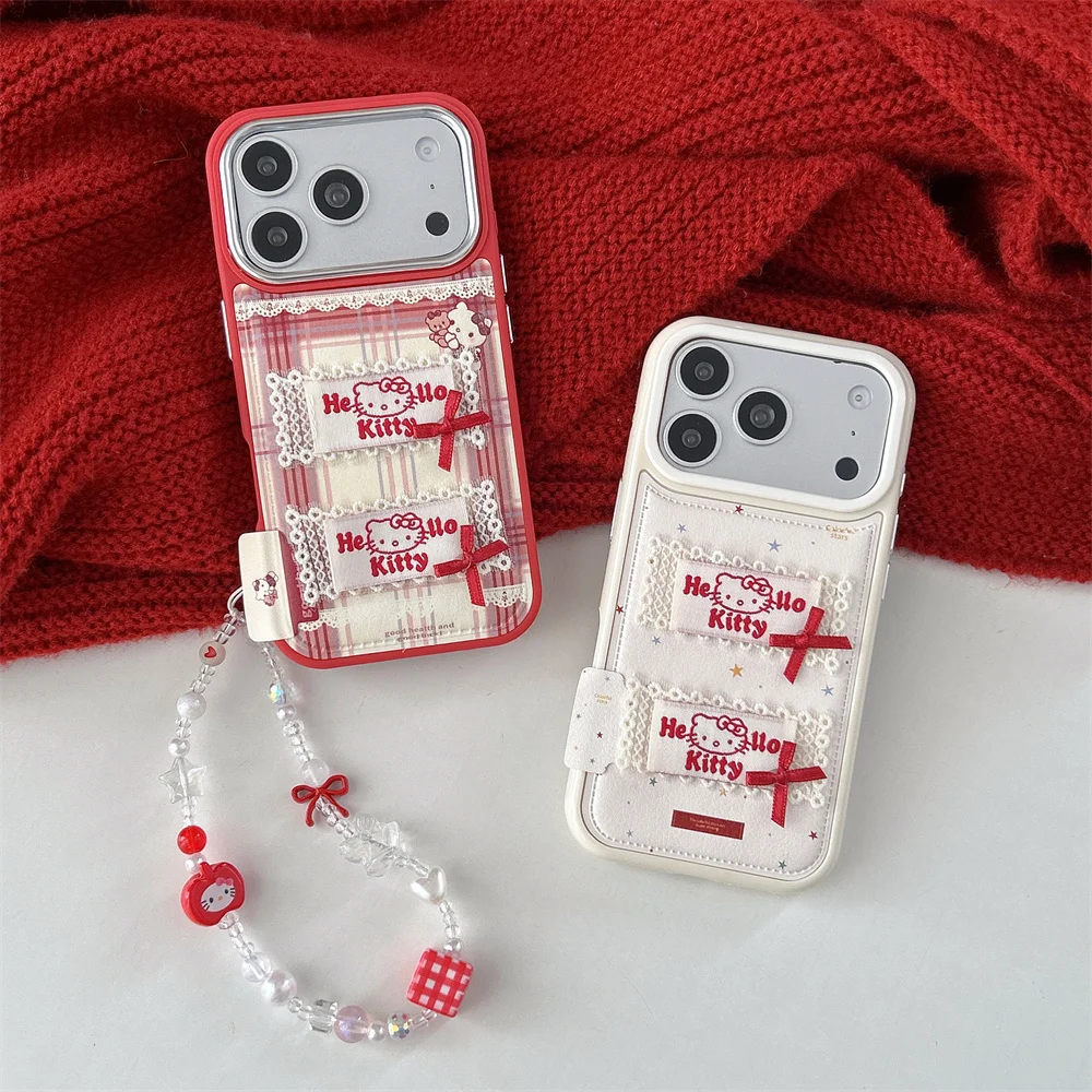 

Plaid star embroidered Hellokitty phone case for iPhone 17 14 Pro Max 15 16 Pro Max Cases Cute Fundas with Chain protection Case
