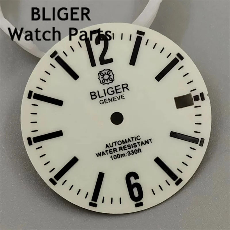 BLIGER 29mm off-white green watch dial fit NH35 NH36 movement fit 3 o\'clock crown 3.8 o\'clock crown Green luminous