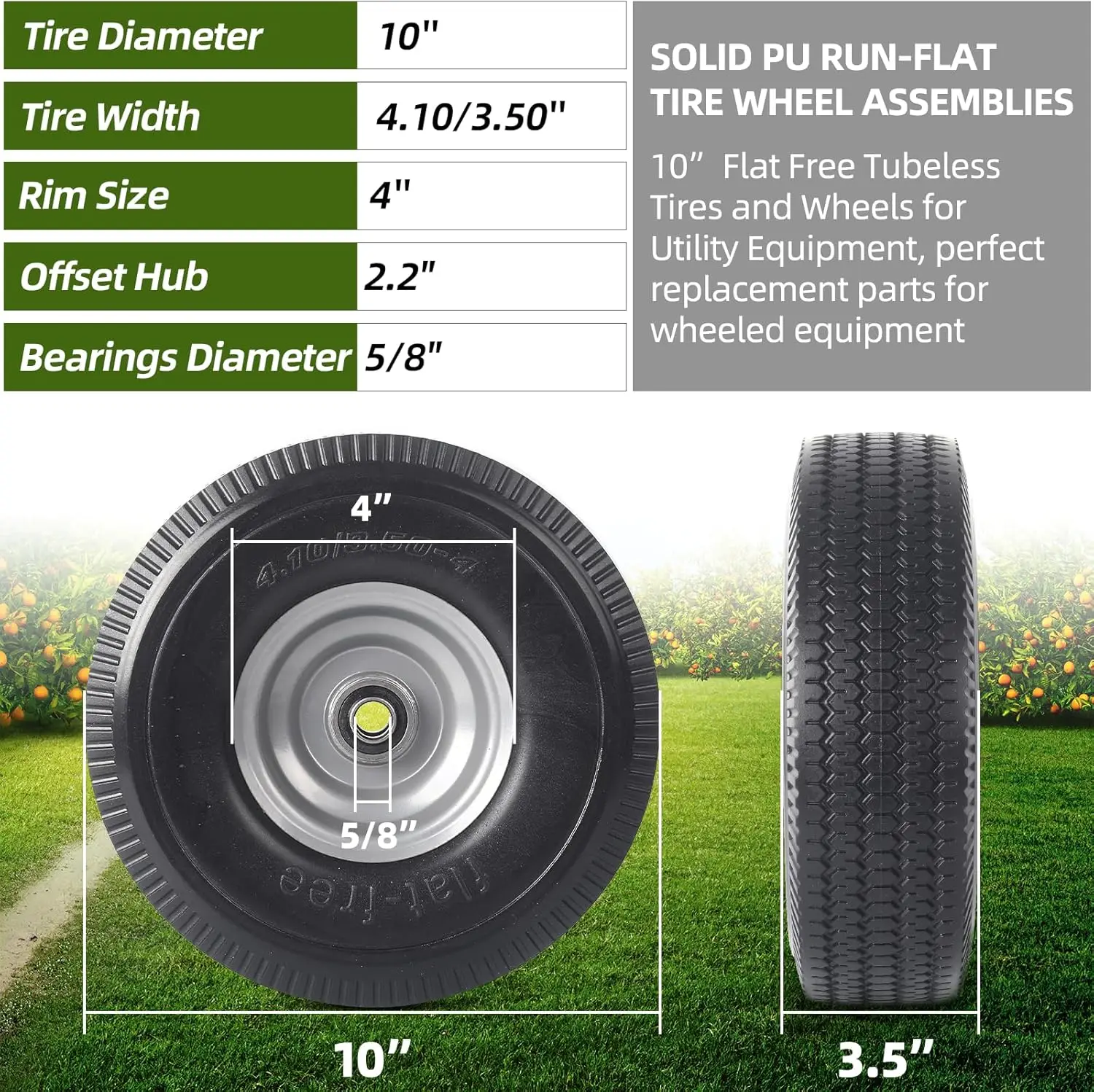 10-inch massief wielvervanging - 4.10/3.50-4 platte vrije band en wiel met 5/8 extra 3/4 & 1/2 lagers en 2,2"