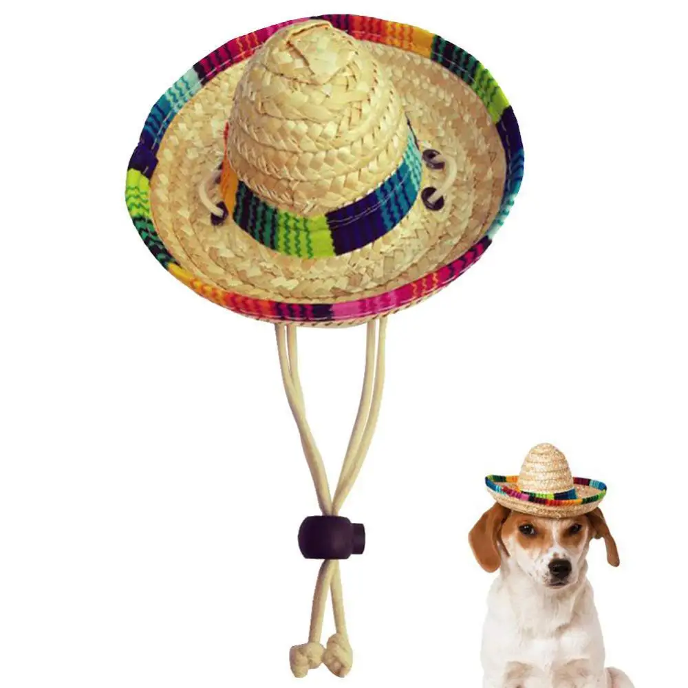 Cute Mini Puppy Dog Cat Straw Woven Sun Hat Cap Mexican Sombrero Pet Supplies