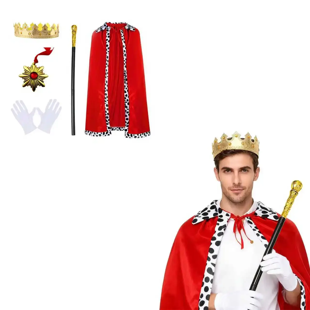 Royal costume accessories: golden crown, scepter, red leopard-print cape, brooch, and gloves. Perfect for a royal-themed party.