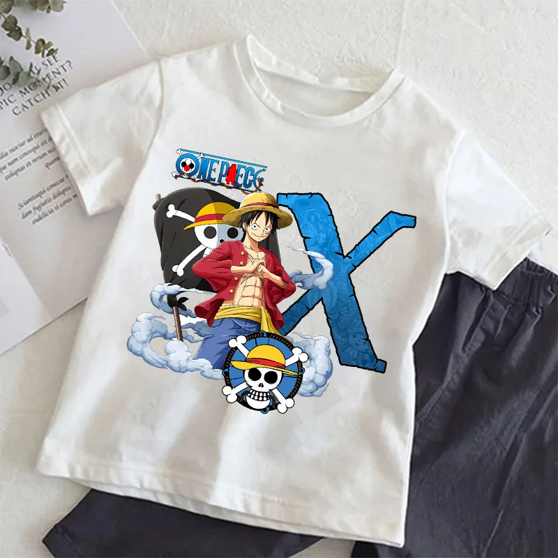 

One Piece White T-shirt for Children Cartoon A-Z Letter Tee Top Round Collar Clothing Summer Short Sleeve Kid Anime Clothes Gift
